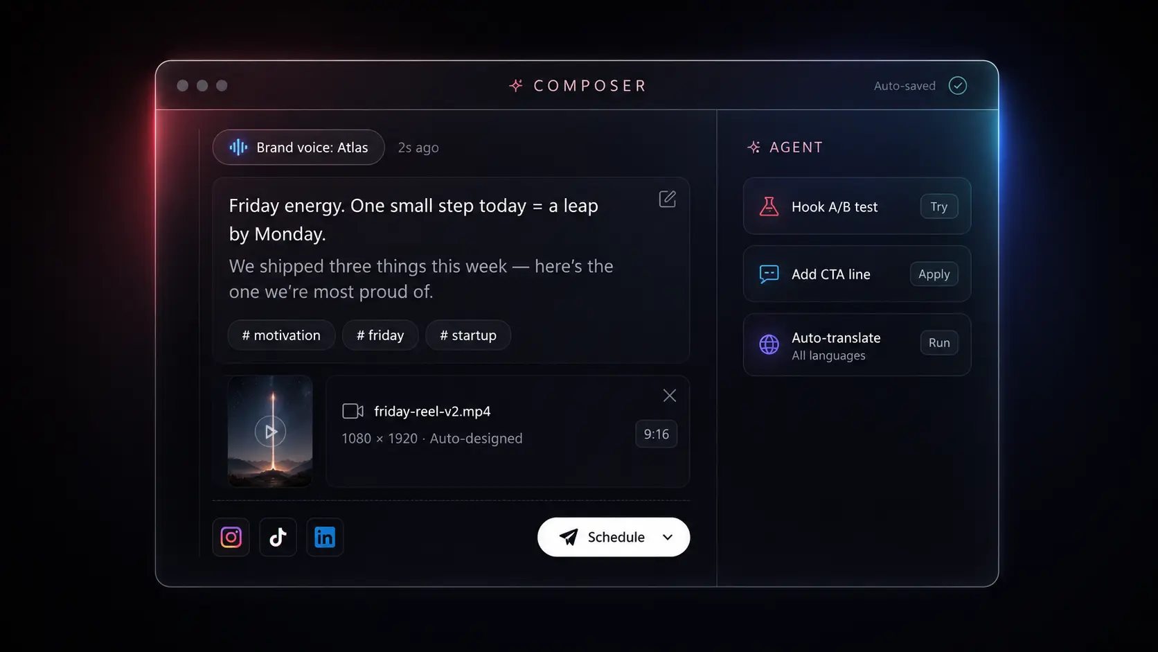 Socializioz workspace preview showing AI-assisted content creation and scheduling.