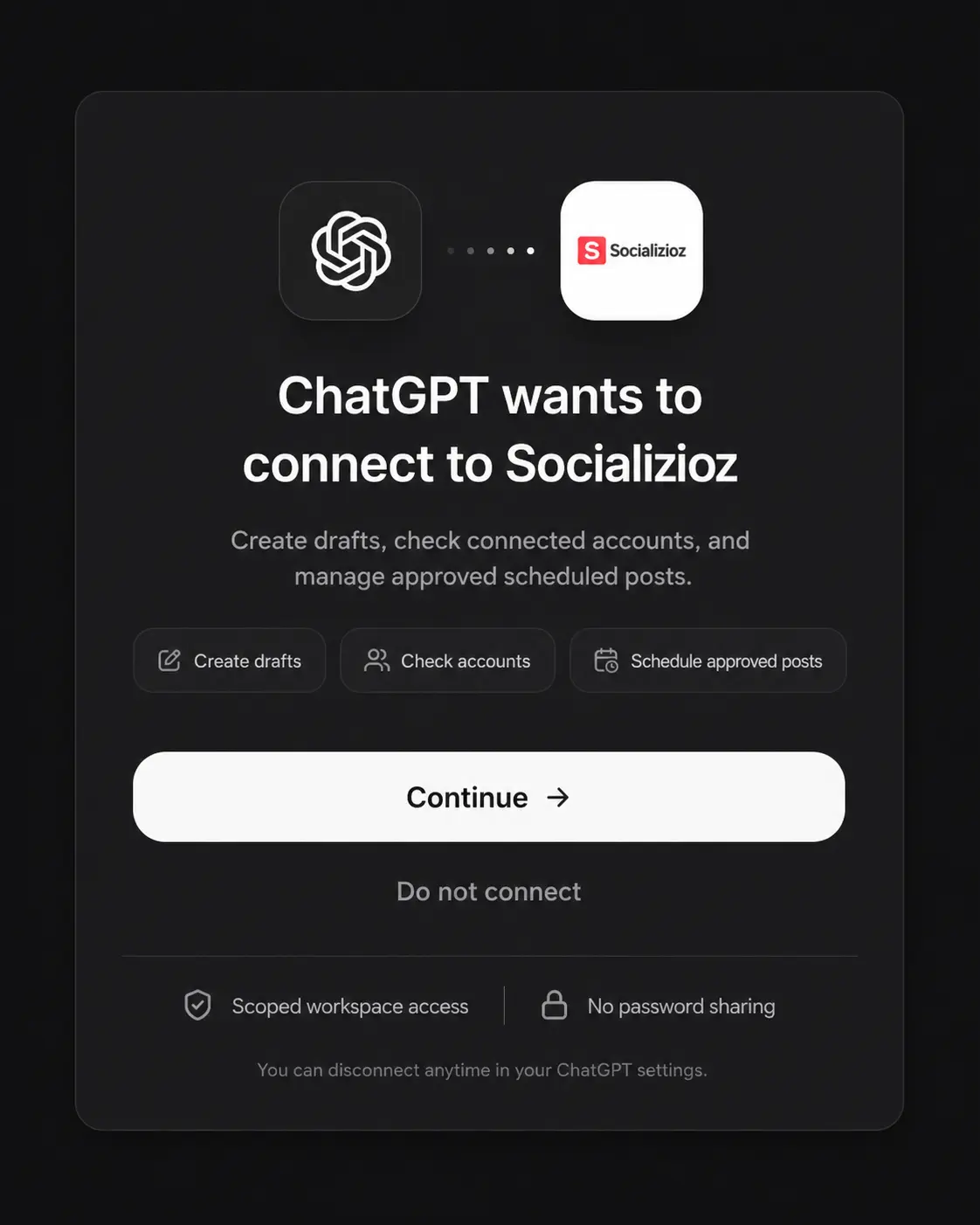 ChatGPT connection screen asking to connect to Socializioz MCP.