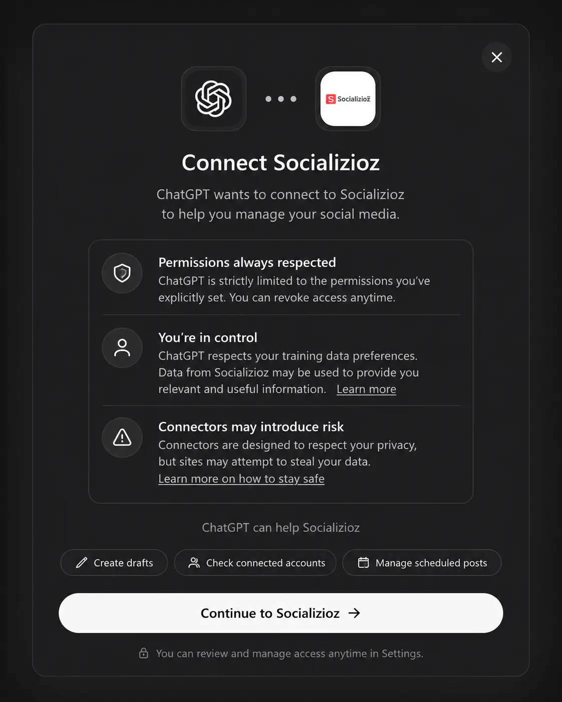 ChatGPT permissions screen explaining scoped access before continuing to Socializioz.